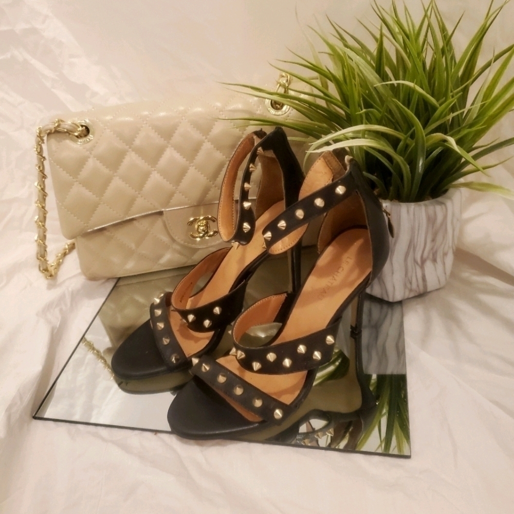 Le Château Spikey Studded Black And Gold Heels w/ Ankle Straps, & Zipper Closure - Picture 2 of 7